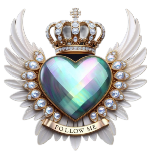 ontwerp van een turkoois hart met edelstenen vleugels en een kroon en aan de onderkant de tekst Follow Me