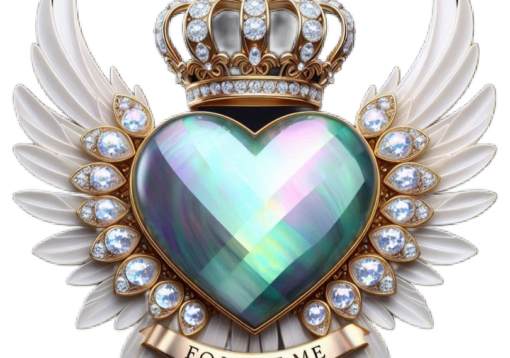 ontwerp van een turkoois hart met edelstenen vleugels en een kroon en aan de onderkant de tekst Follow Me