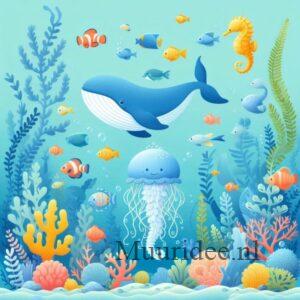 ontwerp van een onderwaterwereld vol met vriendelijke zeedieren zoals een kwal, walvis en visjes, maar ook koraal, schelpen, stenen en planten in een turkooise zee