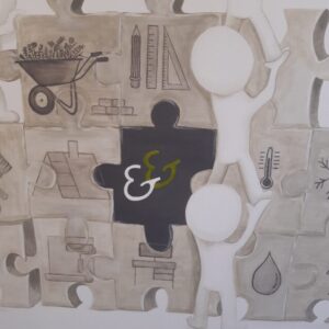close-up van een grotere bedrijfsmuurschildering waar diverse puzzelstukjes en werkfiguurtjes om het logo heen een groter geheel vormen