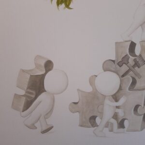 detail uit een grotere muurschildering waar een cartoonachtig figuurtje een puzzelstuk komt aandragen